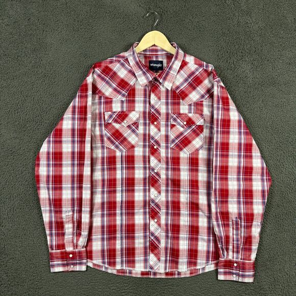 Wrangler Shirt Mens XXL Red Plaid Pearl Snap Western Button Up Long Sleeve - Picture 1 of 12